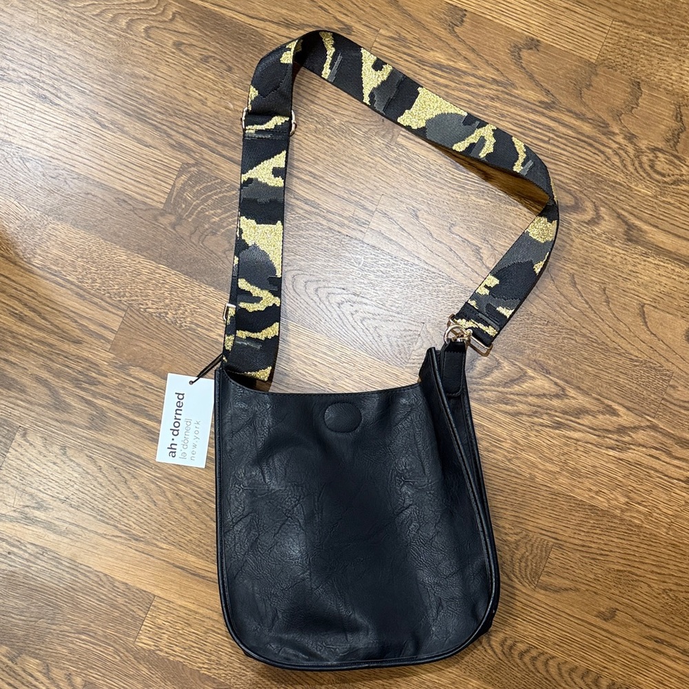 Black Crossbody Bag with Patterned Strap